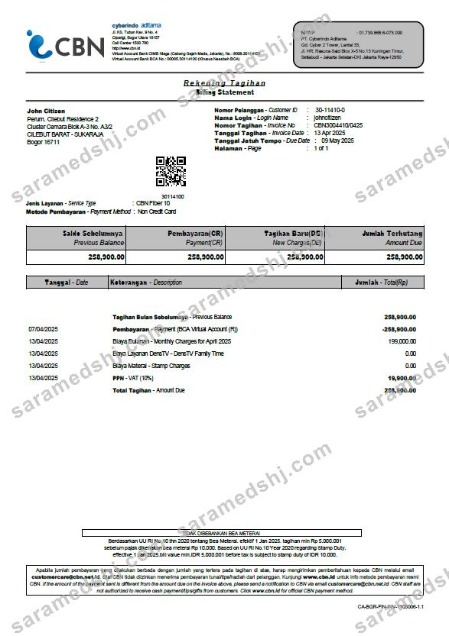 Indonesia Cyberindo Aditama utility bill template in Word and PDF formats